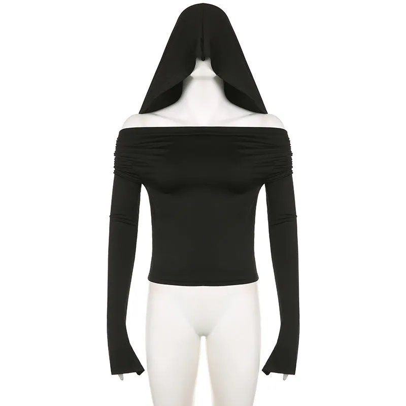 Dark, Windy Collar, Shoulder Sexy, Hooded Blouse, 2025 Slim, Solid Color, Long-Sleeved T-Shirt.