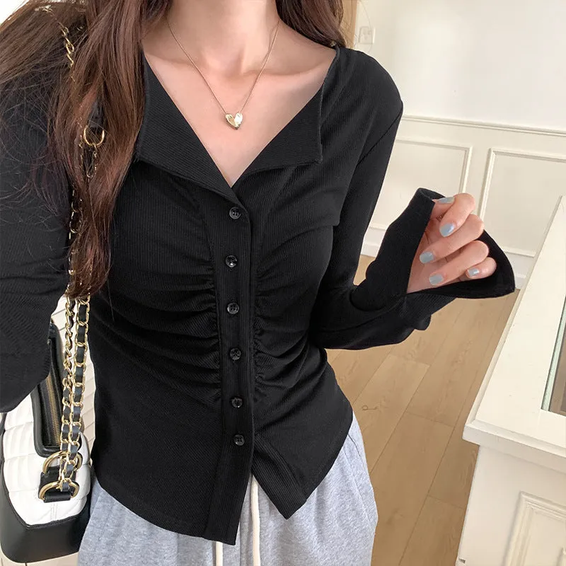 Znbbw Sense Niche French V-Collar Pleated Slim Bottomed Shirt Women's Autumn New Long-Sleeved T-Shirt Short Blouse