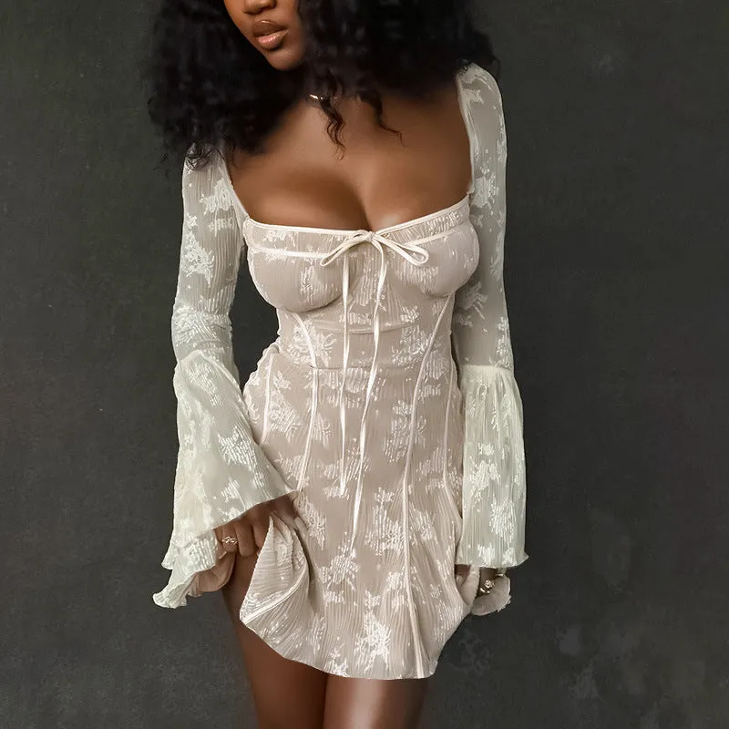 Znbbw Online Celebrity Matching Lace Printed Long-Sleeved Tie Dress Fashionable Sexy Hot Girl Short