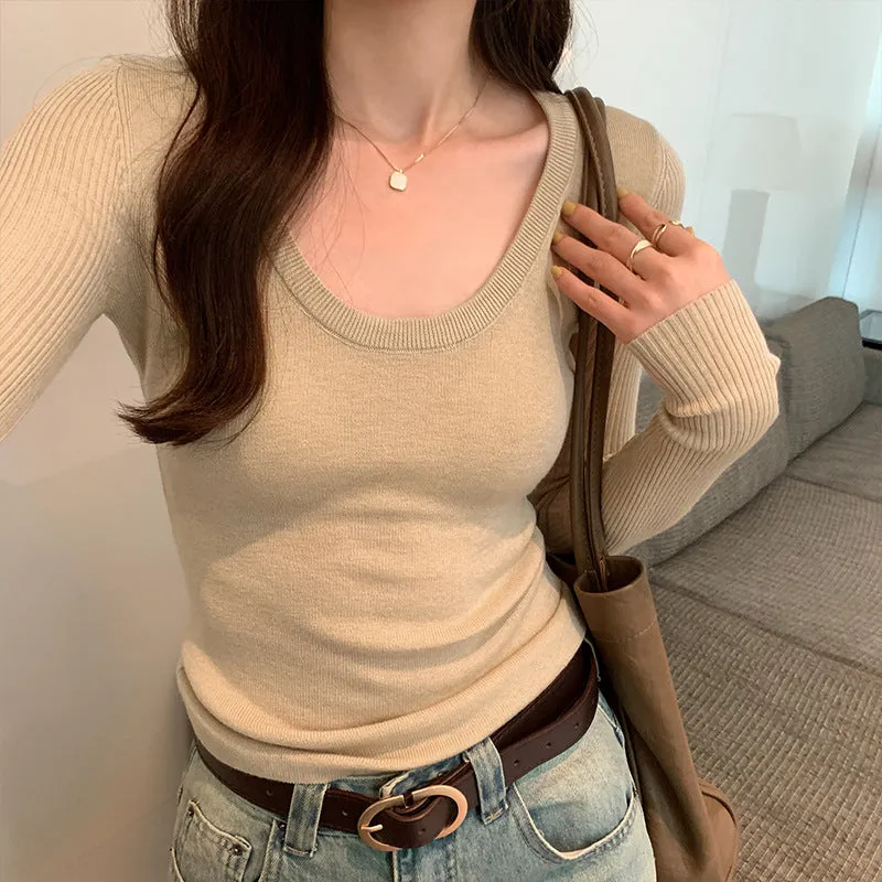 Znbbw Shoulder Long-Sleeved T-Shirt A New Autumn Style Slim Knitted Bottomed Shirt With Solid Color Underwear