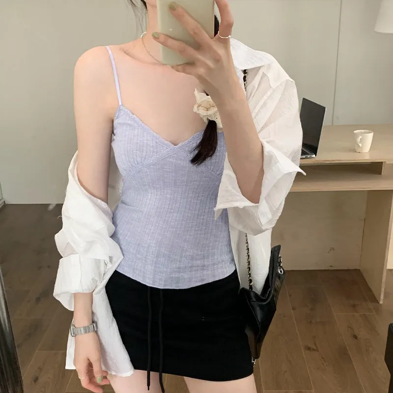 2024 Spice Girls Purple Suspenders Vest Women's Summer 2024 New Anti-Walking V-Collar Slimming Blouse