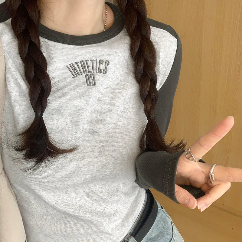 Znbbw Slim Long-Sleeved T-Shirt Women's Early Autumn New Style Embroidered T-Shirt With Round Neck Blouse