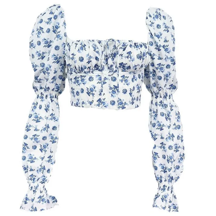 Znbbw New Summer Women's Wear Sexy And Fashionable Floral Horn Sleeves With Wrinkles Showing Navel Short Blouse