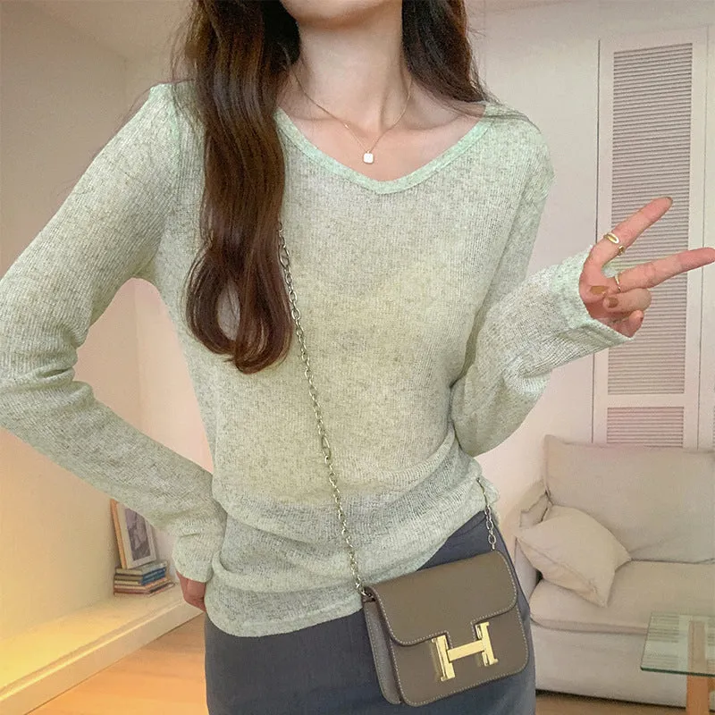 Znbbw Sense Of Design Is Small And Micro V-Necked Knitted Sweater Slim And Slim Long-Sleeved T-Shirt Women's Autumn New Bottomed Blouse