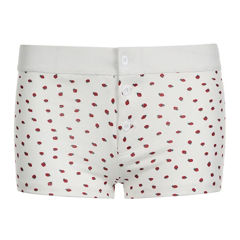 Sweet And Spicy Girl, Strawberry Printed Breasted, Slim, Low-Waisted Shorts, Straight-Tube Casual Pants, Home-Bottomed Pants.