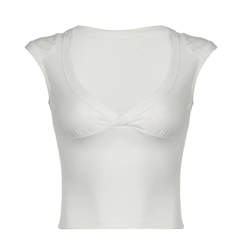 Spicy Girl Style Simple Solid Color Basic Sexy Low-Cut V-Neck Slim Flying Sleeve T-Shirt 2024 Spring / Summer New Style