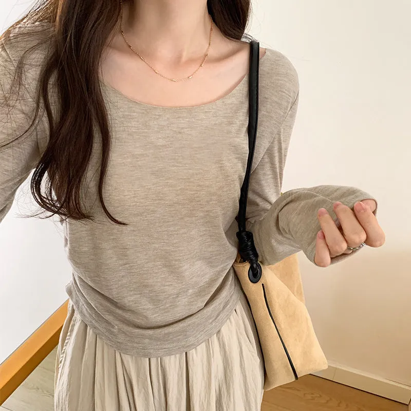 Znbbw Shoulder Loose Collar Pleated Long T-Shirt Women's Undershirt Pleated Tight Short Blouse