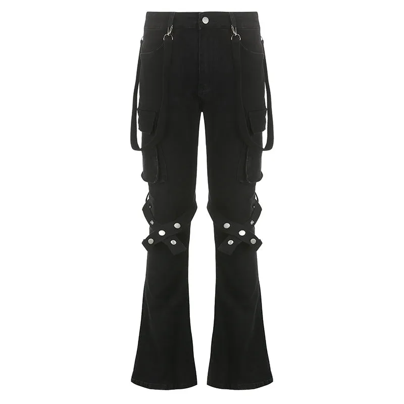 2024Ins Early Summer New Ribbon Design Metal Leg Ring Pocket Straight Tube Flared Trousers Denim Trousers Girls