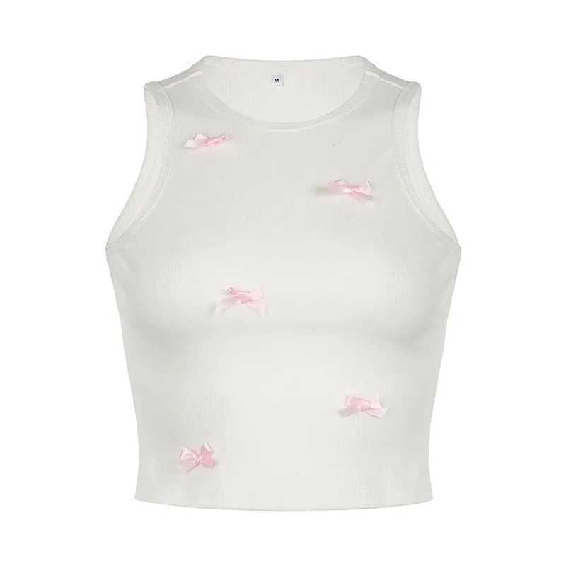 Girl Sweet Pink Bow Stitching, Slimming, Ultra-Short Knitted Round-Neck Vest, Pure Desire For A Blouse.