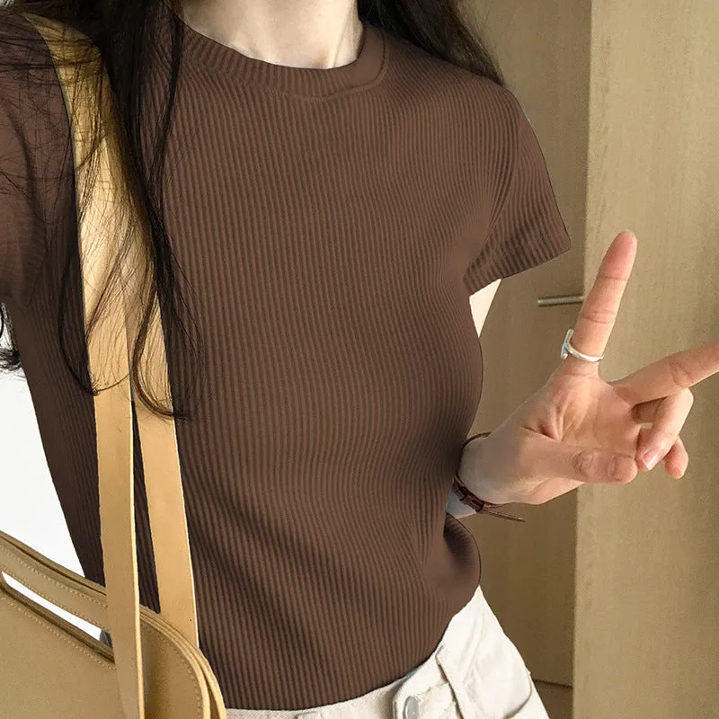 Classic Basic Grey Shoulder T-Shirt Women's Short-Sleeved Round-Necked T-Shirt Threaded To Show A Thin Blouse In Summer