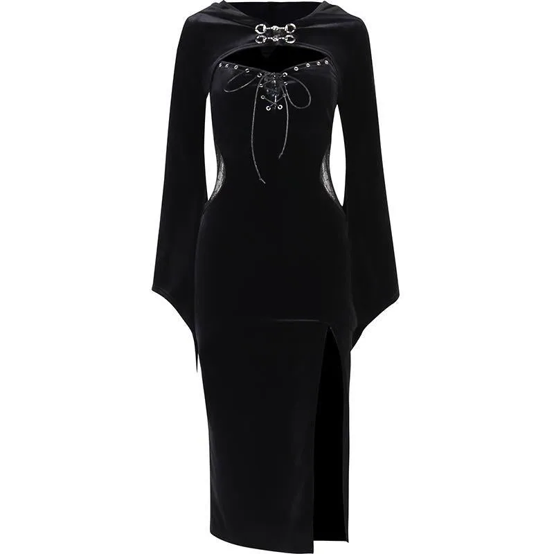 Znbbw Halloween New Women's Dress Suit Hat Horn Sleeve Spider Web Dress
