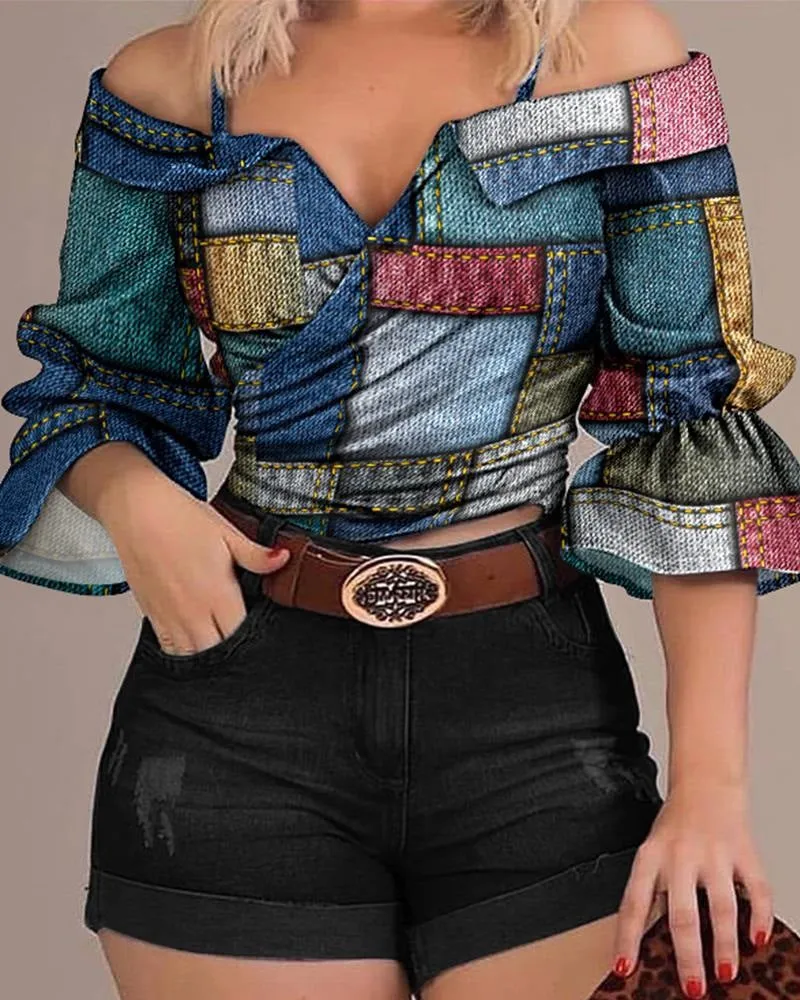 Znbbw Independent Station 2024 Spring / Summer Fashion Printing Shoulder Lapel Blouse