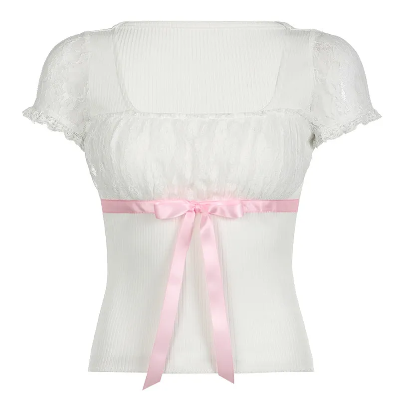 Sweet And Spicy Square Collar Lace Stitching Pink Bow Tie With Bubble Sleeves Slim T-Shirt 2024