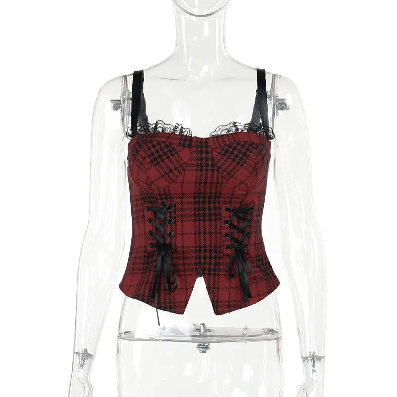 Znbbw Autumn New Sexy Hot Girl Blouse Dark Style Slim Christmas Red Plaid Vest Girl