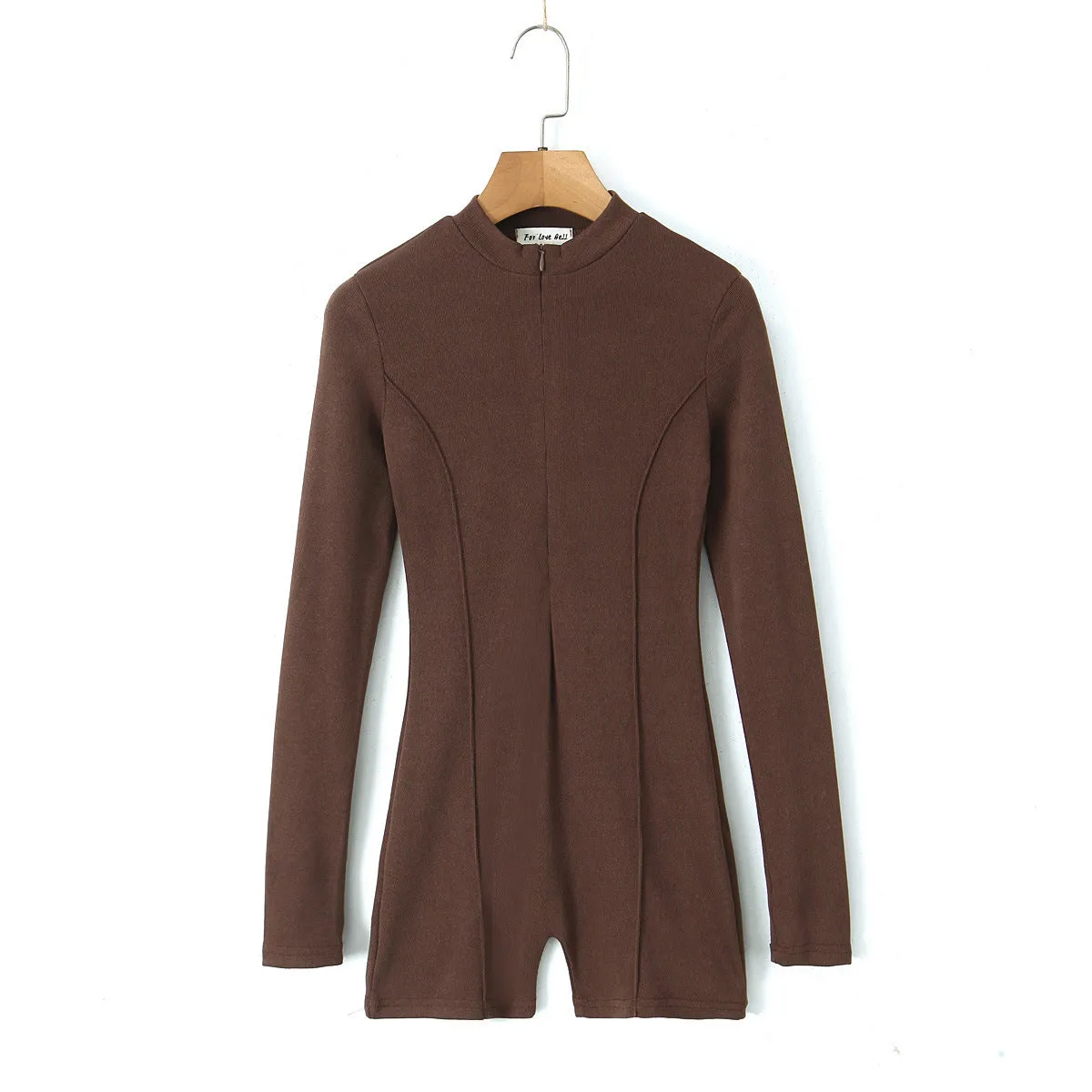 Znbbw Spring Style Knitted Slim Zipper Long-Sleeved Solid Color Jumpsuit