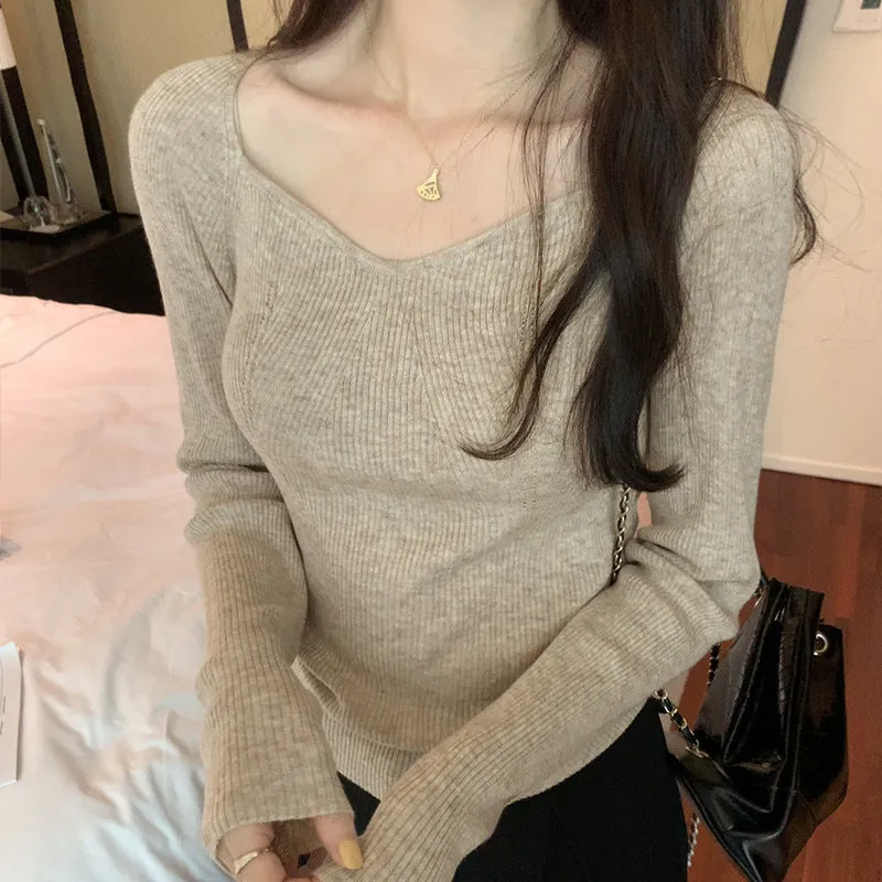 Znbbw Woman's Clavicle Sweater Shows A Slim And Leaky Collarbone With A Square Collar In The Autumn And Winter.