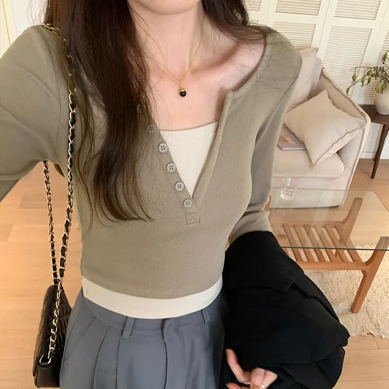 Znbbw Sense Of Minority Long-Sleeved T-Shirts Two New Autumn Fake Blouses That Collide With Color, Slim And Show Slim Underwear