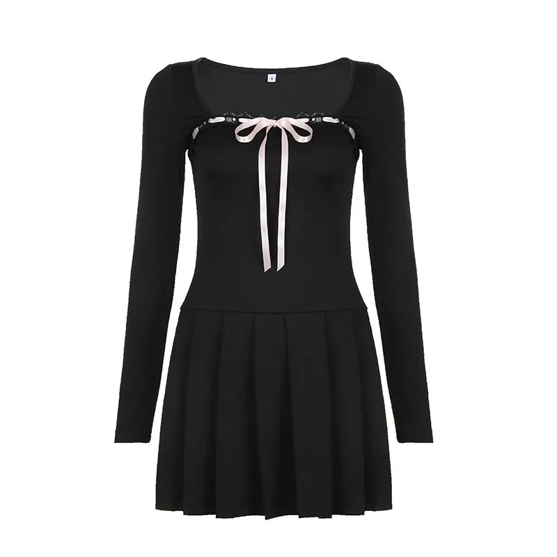 French Court Style Square-Necked Dress 2024 Spring And Summer New Style Bowknot Temperament Age-Reducing Small Black Dress