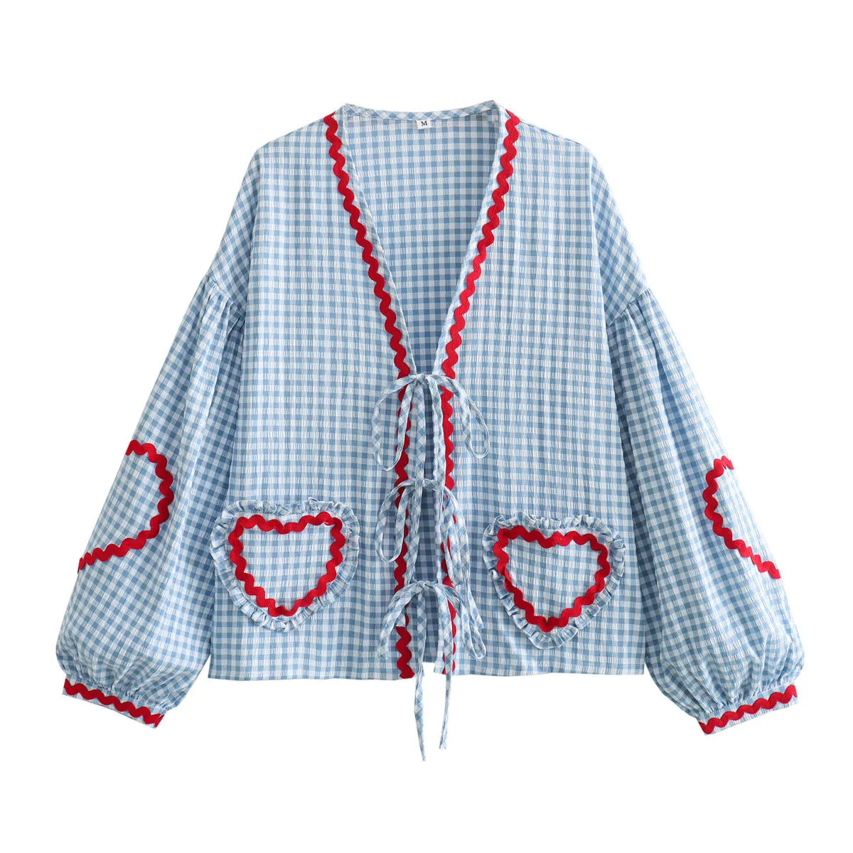 Znbbw Spring Style Casual Loose Plaid Love Ribbon Lace Shirt