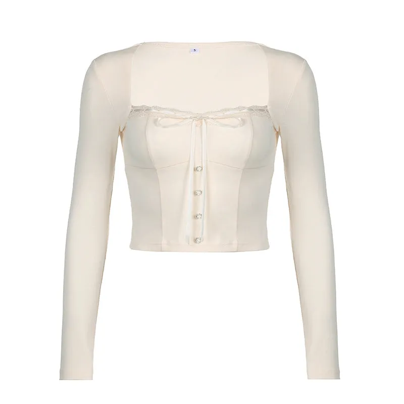 Sweet And Spicy Girl Neckline Lace-Up Long-Sleeved Blouse Women 2025 Pure Style Stylish Design Short Shoulder-Bottomed T-Shirt