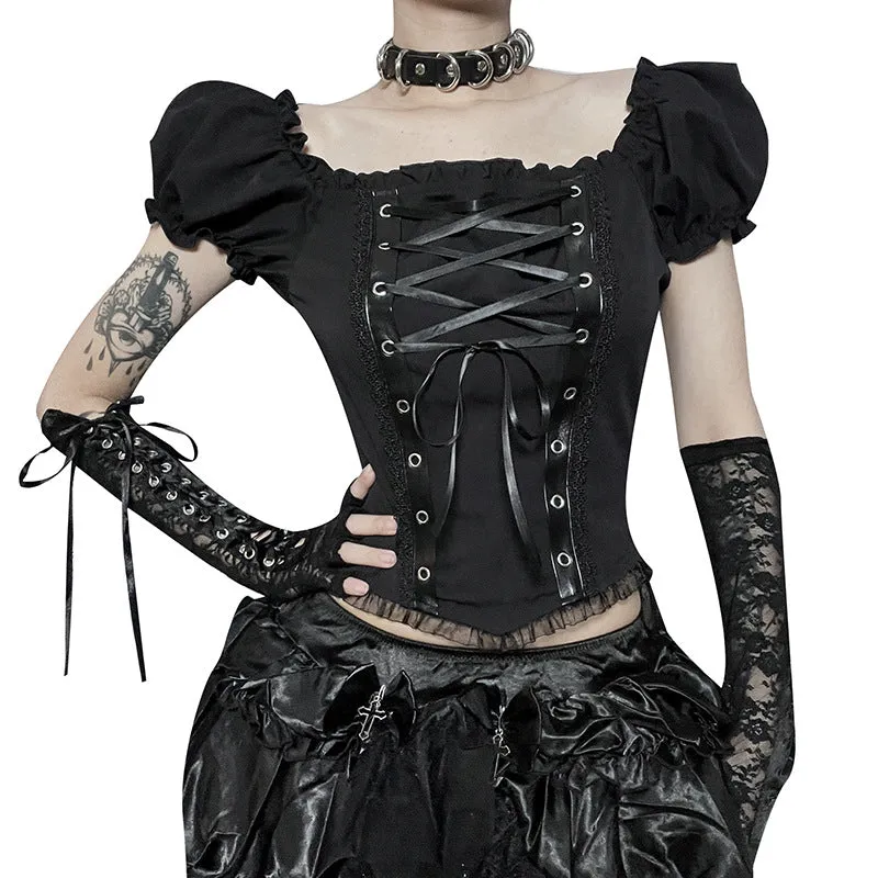 Znbbw Color Corns Ribbon Agaric Blouse Dark Shoulder Temperament Slim Short T-Shirt Woman