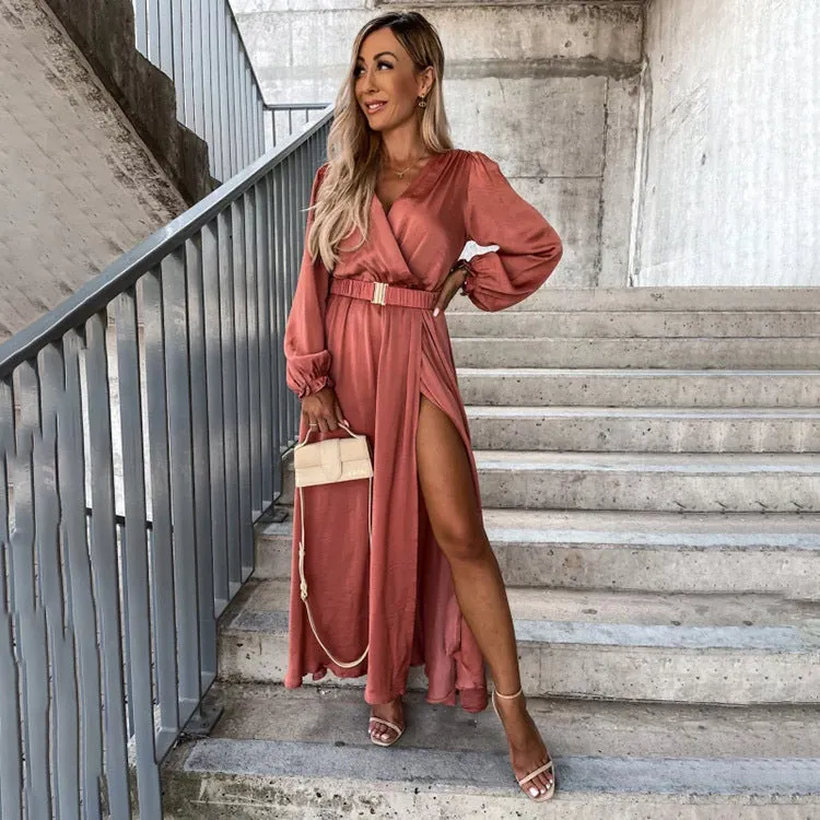 Znbbw Autumn And Winter New Dress INS Casual Elastic Belt Front Slit Long-Sleeved Dress