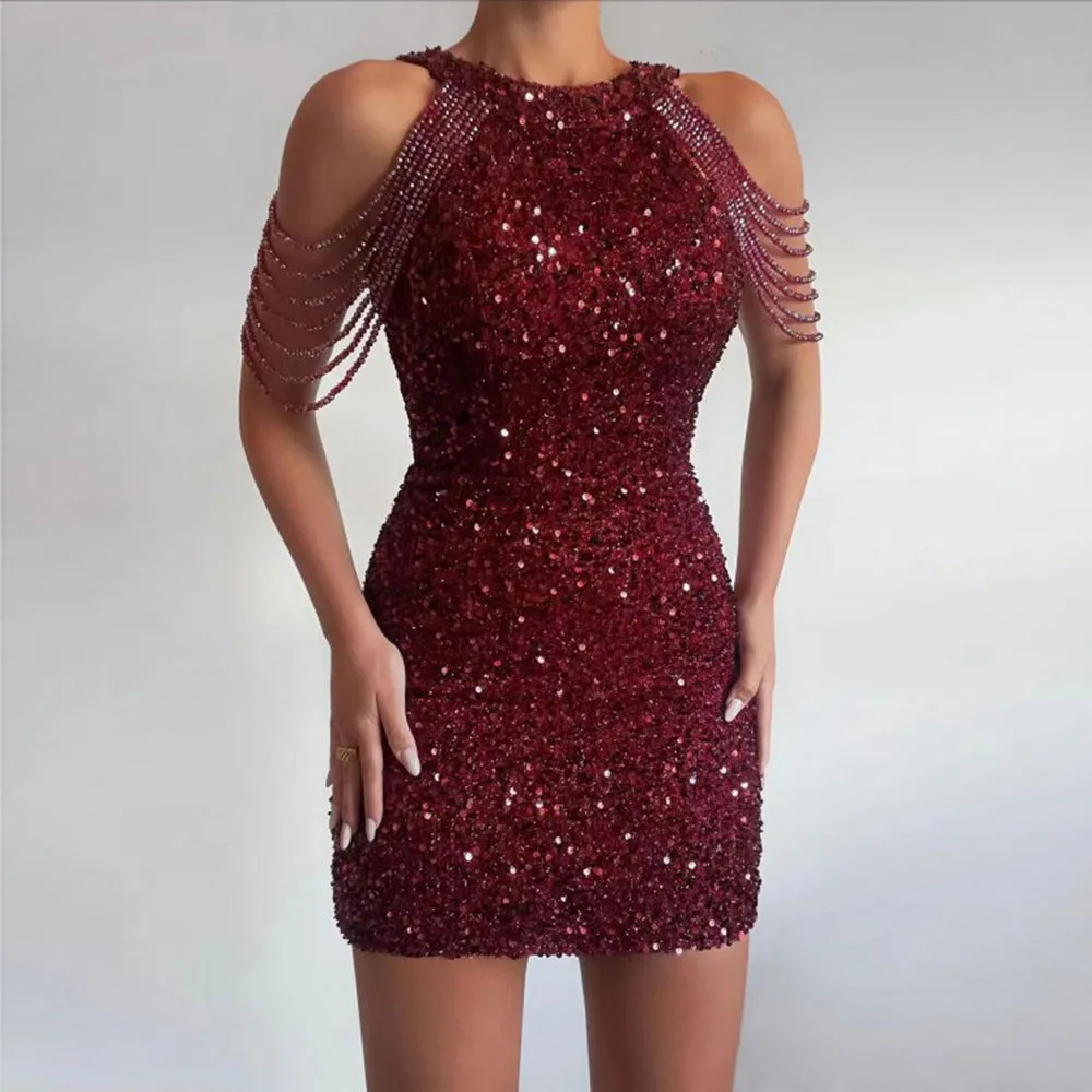 Znbbw Spring / Summer New Fashion Neckline Sex Crystal Tassel Hip Sequins Dress Middle Waist Evening Dress