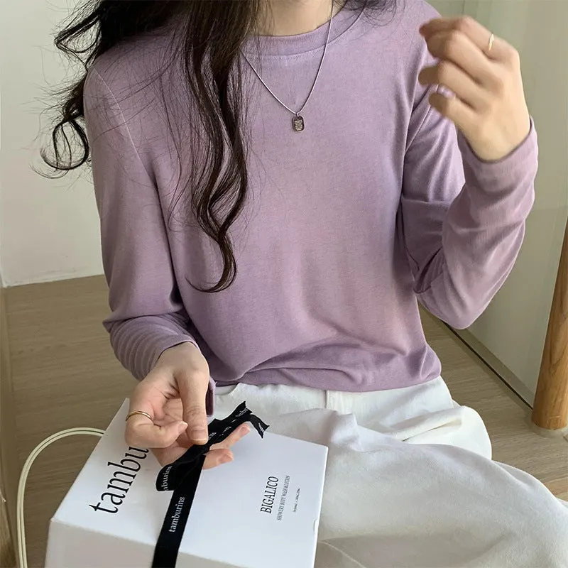 Znbbw Mask T-Shirt Women's Spring And Autumn New Style With White Basic Solid Color Slim Stretch Bottom Blouse