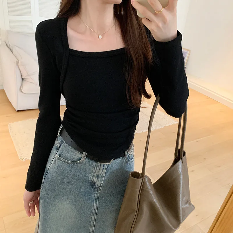 Znbbw Square-Necked T-Shirt Long-Sleeved Bottomed Shirt With Velvet Super-Revealing Figure And Spicy Girl-Style Tight Blouse