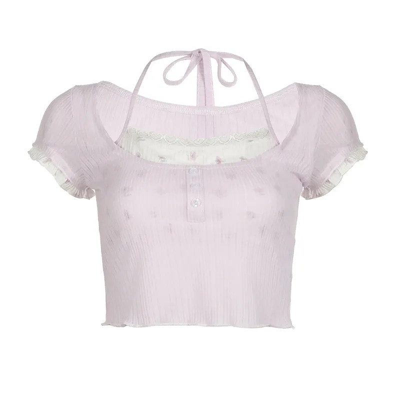 Sweet And Spicy Girls Pure Desire Lace Splicing Fake Two Neck Tops Girls French Maiden Ear Knitted Short-Sleeved T-Shirts