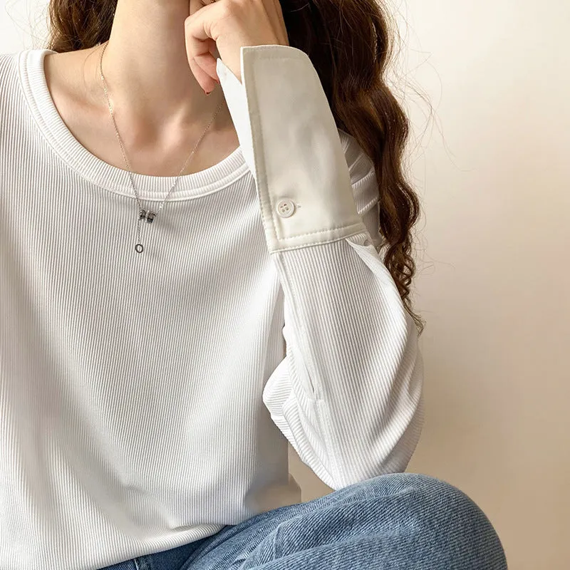 Znbbw Spring And Autumn White T-Shirt Women's Medium And Long Style Spliced Shirt Sleeves Pure Cotton Loose Long-Sleeved T-Shirt Bottomed Blouse