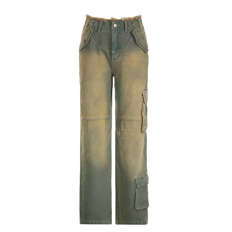 Asymmetrically Make Vintage Rough-Edged Jeans 2024 Street Spicy Girls Loose Leisure Line Tooling Straight Trousers