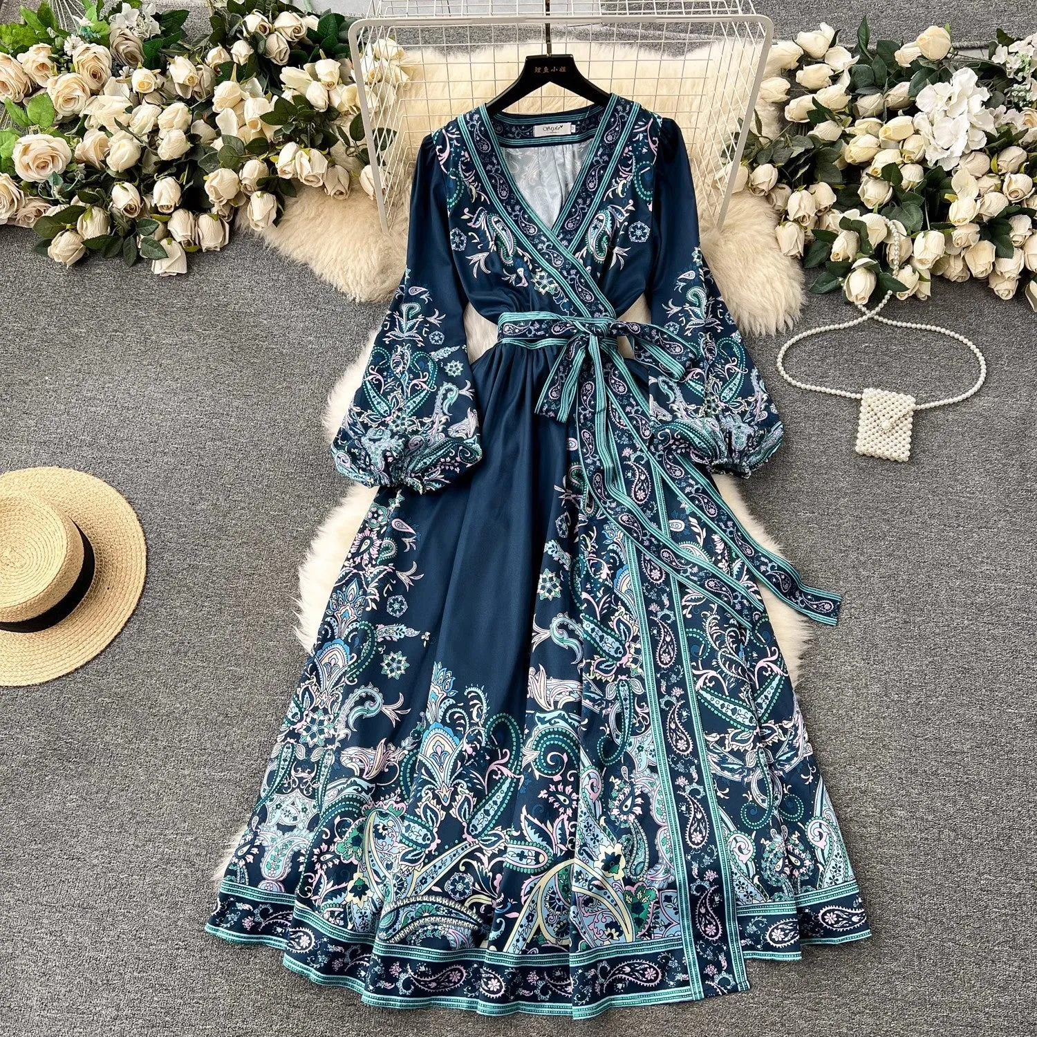 Znbbw Early Spring New French High-End Style One-Piece Lace-Up Waist Printed Dress Women's Light Extravagant And Elegant Dress