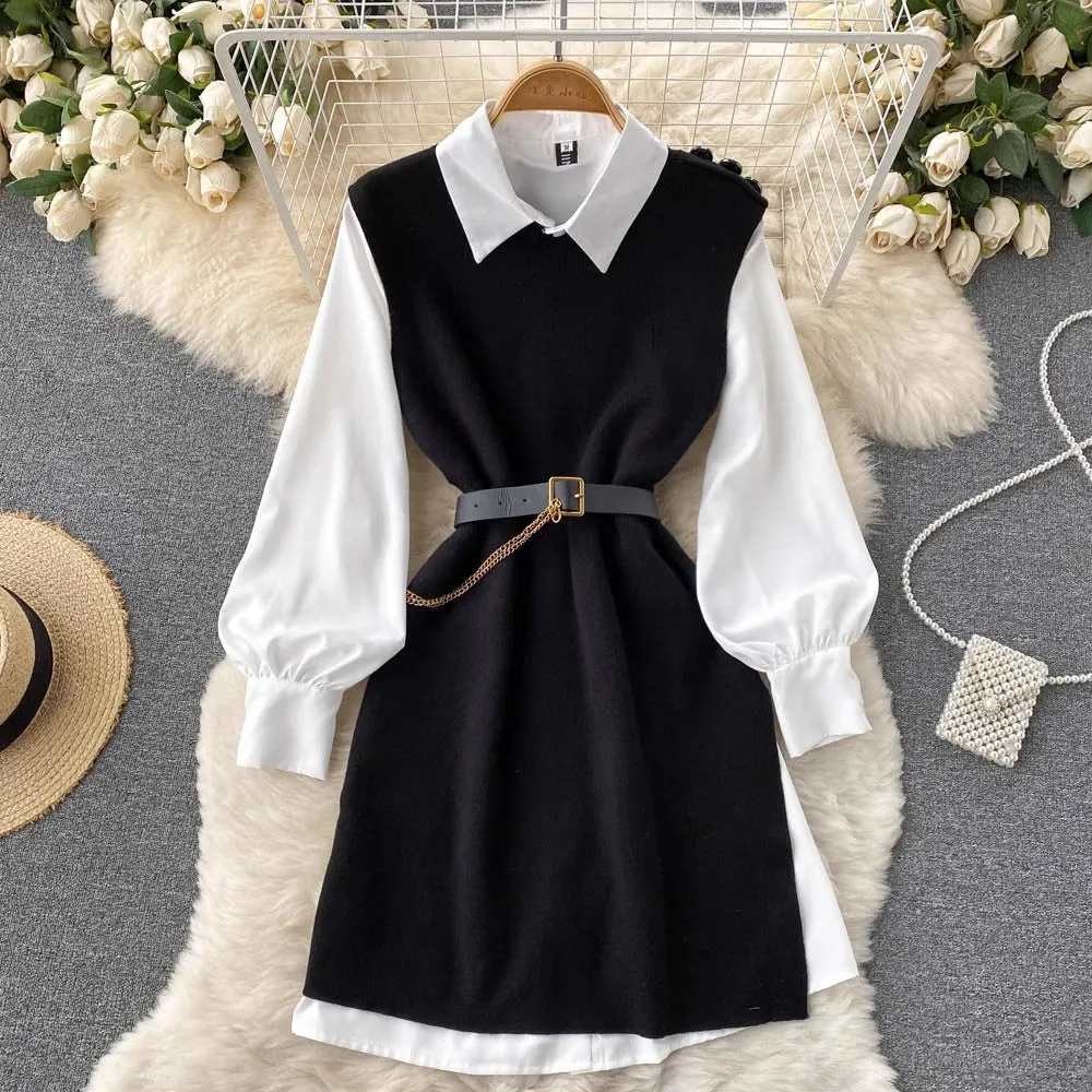 Znbbw Style Fragrant Style Suit Design Feeling Minority White Shirt Skirt Knitted Vest Skirt Folded And Waist Two-Piece Set