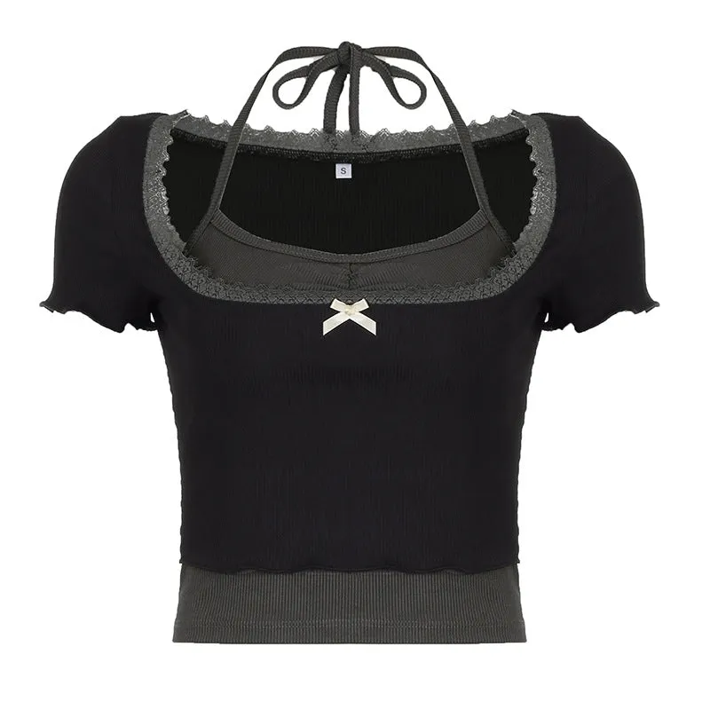 French Bow Square Collar Waist Shows Thin Collision Color Two-Piece T-Shirt Sweet Girl Hanging Neck Short-Sleeved Blouse