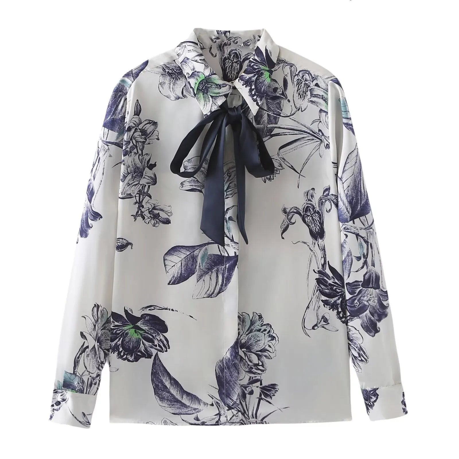 Znbbw Bowknot Satin Printed Shirt In Spring And Summer