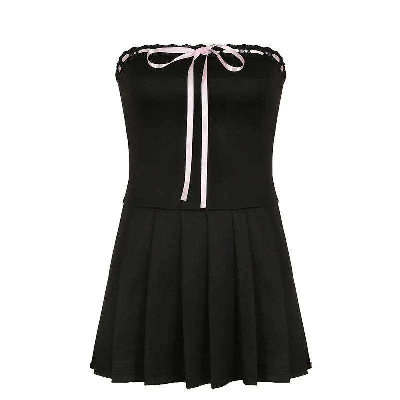French Design Color Tie Bow To Wipe The Breast Skirt With The Word Collar Waist Show Thin Pleated Skirt Dress Woman