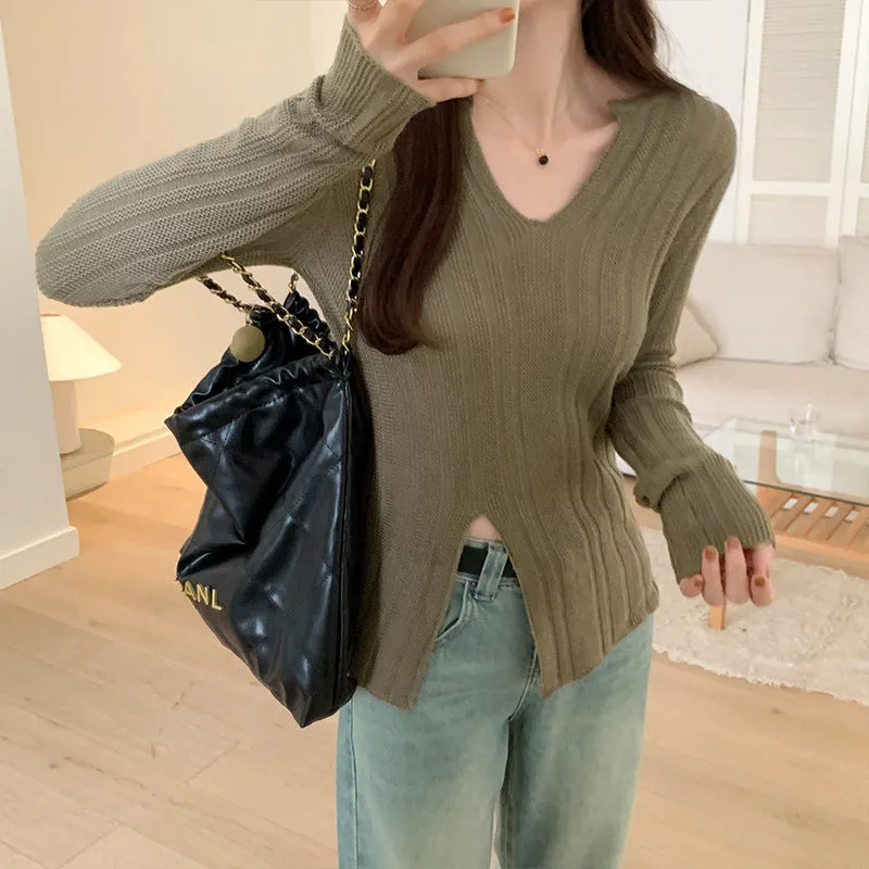 Znbbw Sense Of Design For A Minority Split Sweater The New Autumn Style Shows A Thin V-Neck Long-Sleeved Blouse.