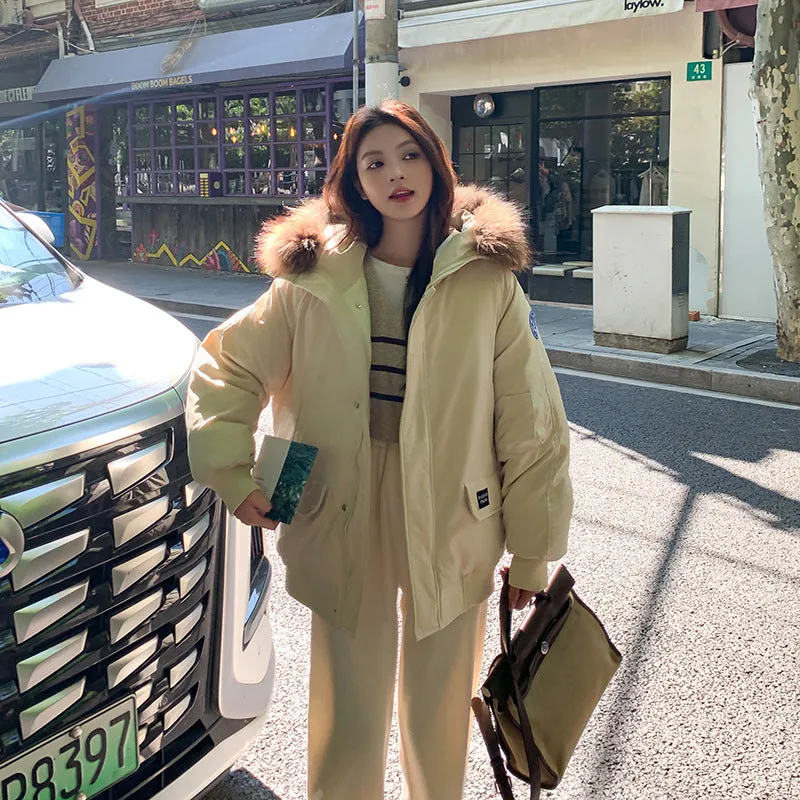 Navy Blue Wool Collar Parker Cotton Suit Women's Winter New Thickened Warm Oversize Padded Coat