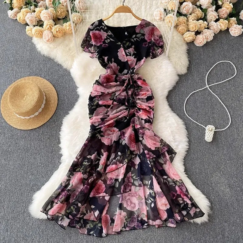 Znbbw Retro Minority Design Rope Printing V-Collar Jumpsuit Skirt Summer Women's Dress Waist Hip Fishtail Skirt Tide