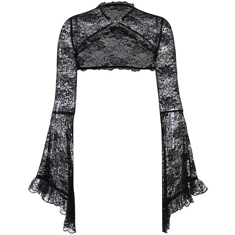 Znbbw Women's Wear Autumn And Winter New Horn Sleeve Sexy Lace Hollowed-Out Cheongsam Buckle Blouse
