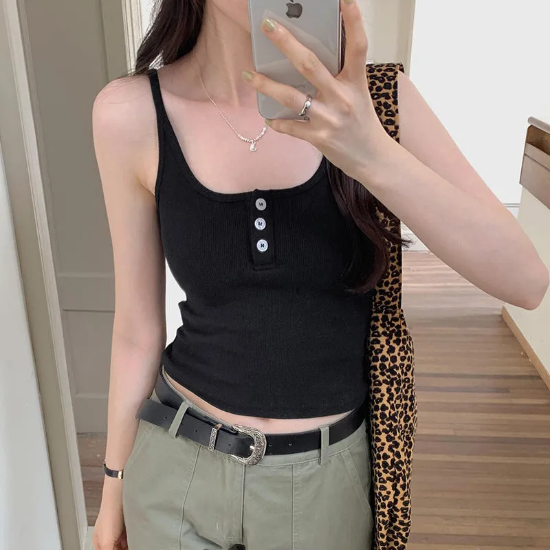 Design Sense Of Minority Button Suspenders Vest Girls Summer New Sweet And Spicy Style Slim Short Sleeveless Bottomless Blouse
