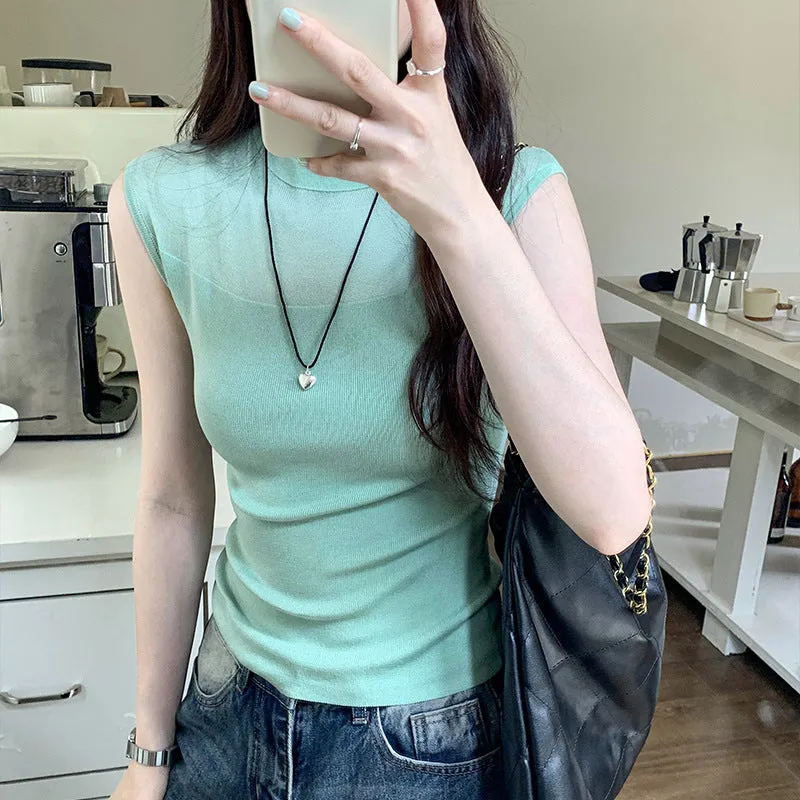 Korean Tulle Spliced Sleeveless Sweater Women's Summer 2024 New Style Slim And Gentle Blouse With Thin Temperament
