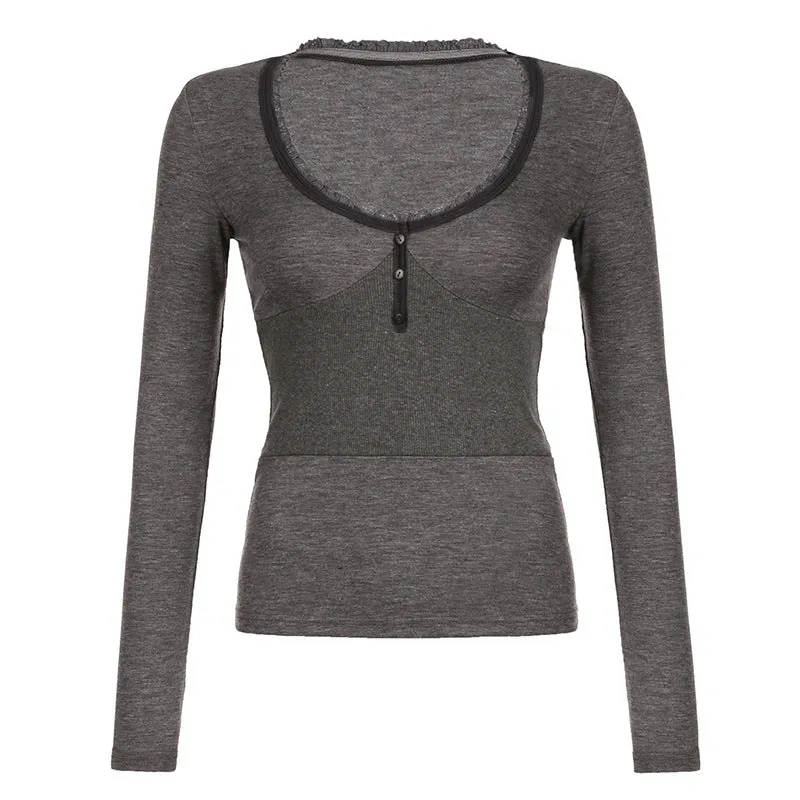 Comfortable And Casual Solid Color Button Splicing Tight T-Shirt Spring / Summer 2024 New Hot Girl Style V-Collar Blouse
