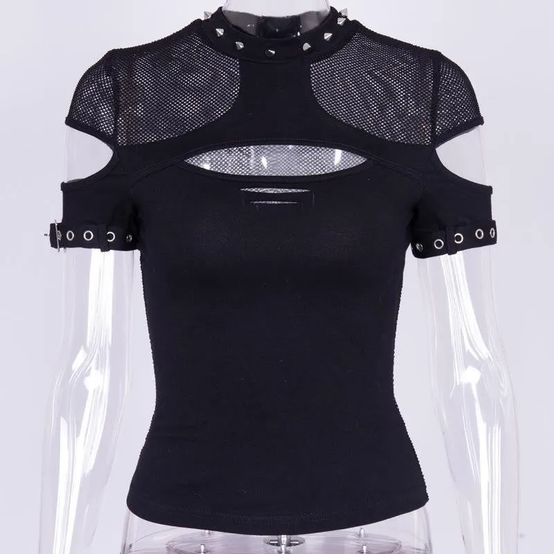 Znbbw Knitted Gothic Vintage Hollowed-Out Short-Sleeved T-Shirt Spring Ins Dark Style Slim Blouse
