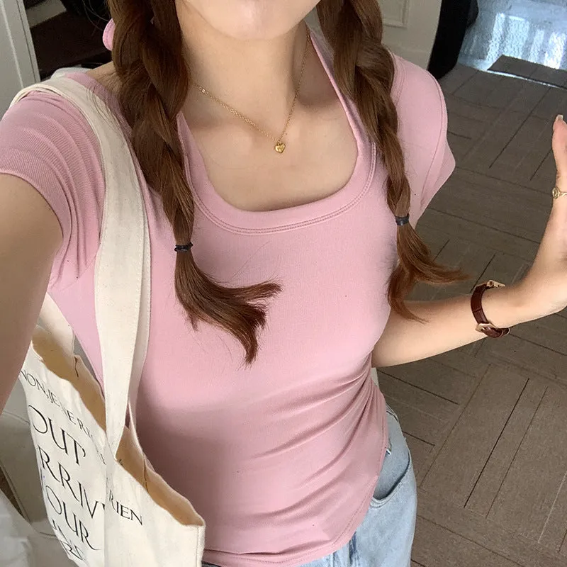Pure Desire Hot Girls Design Sense To Hang Neck U-Collar Short-Sleeved T-Shirt Summer New Style Waist Shows Slim All Kinds Of Short Style Blouse Trend