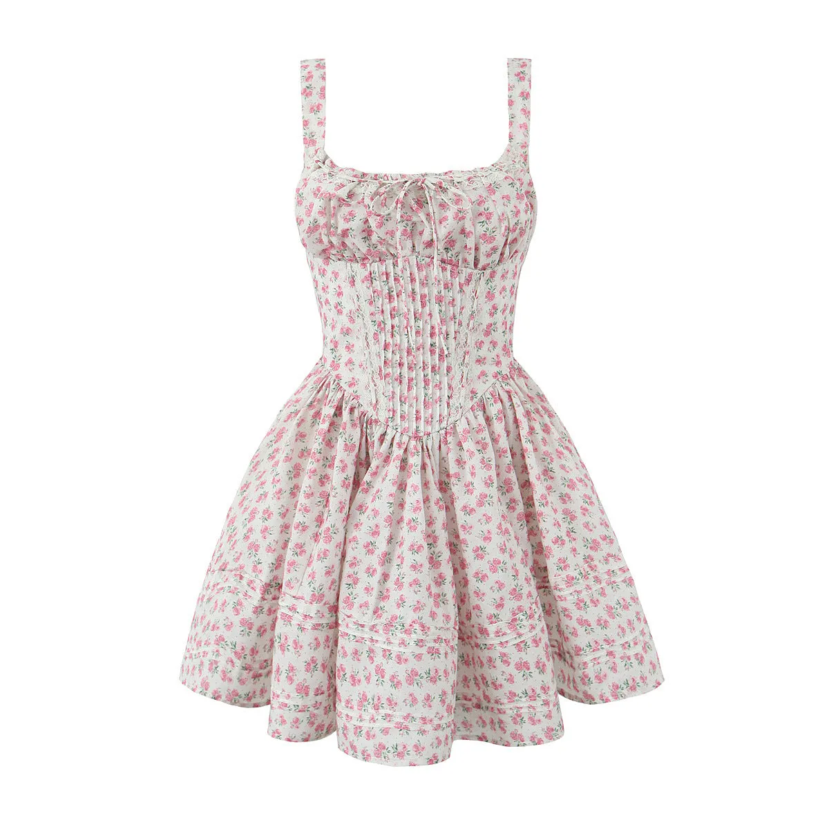 Znbbw New Spring Style Printed Pleated Slim Mini Sling Dress