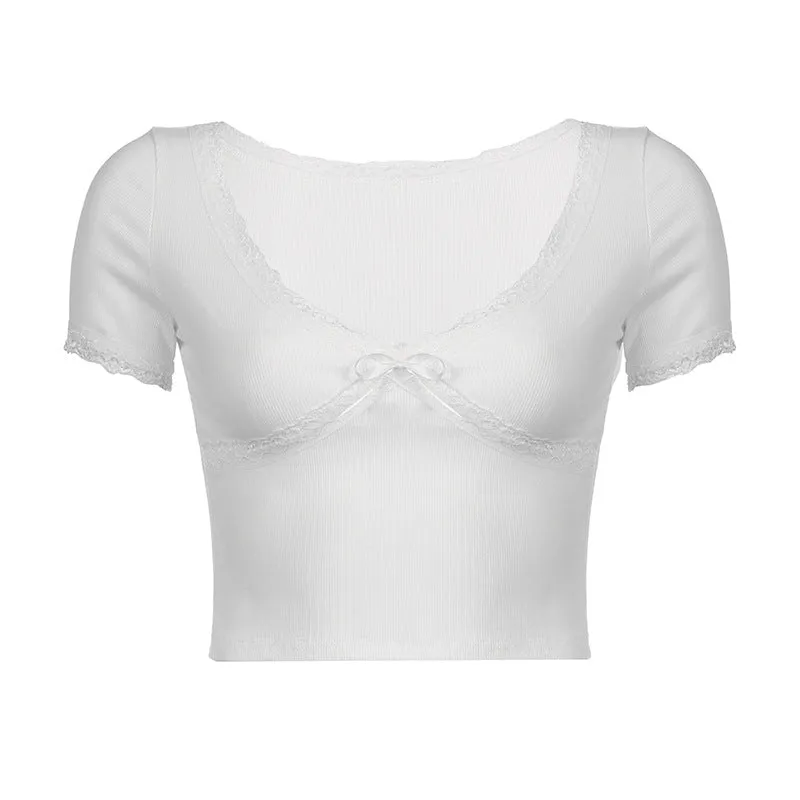 2024 New Summer Style Short Color V-Neck Lace Splicing Bowknot Slim Fashion Short-Sleeved T-Shirt