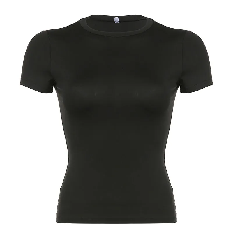 Fashionable Simple Basic Round-Collar Short-Sleeved T-Shirt 2024 New Summer Ins Trend Solid Color Slim And Thin Casual Blouse