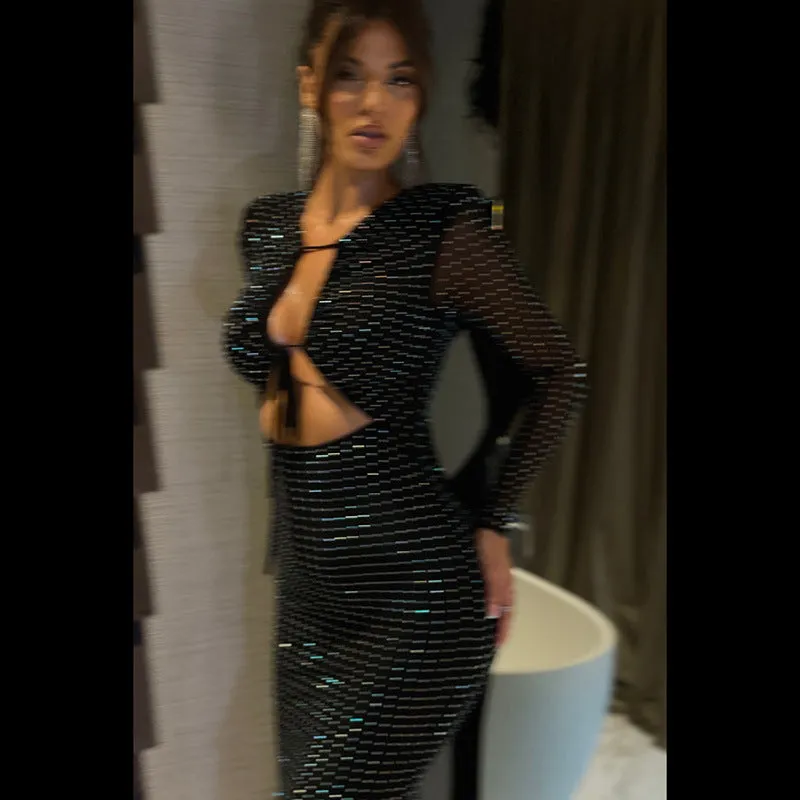 Znbbw Dazzling Sequined Dress 2024 Fall New Sexy Hollowed-Out Strap Slim Dress